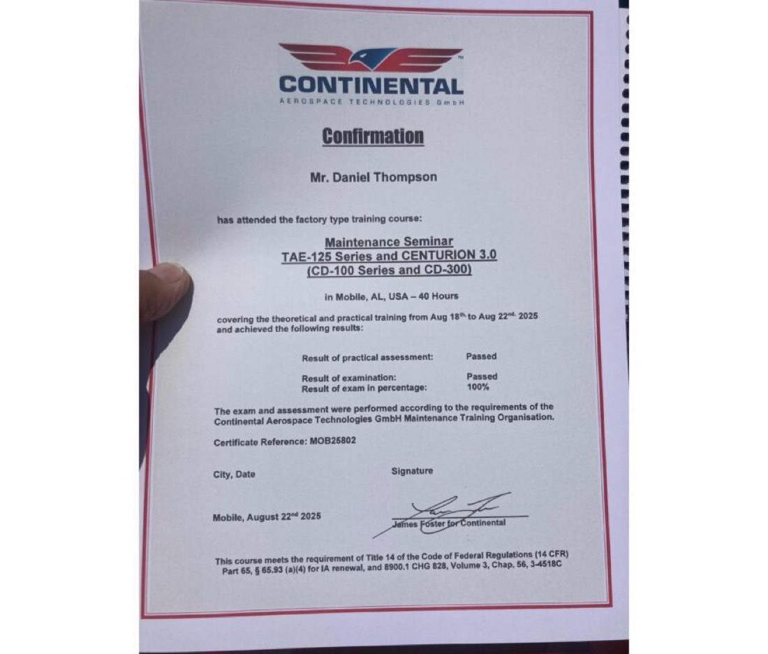 Dan's Continental factory training certificate — Maintenance Seminar, TAE-125 / Centurion 3.0, 100% on the exam