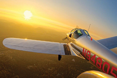 An Ercoupe in flight at sunset